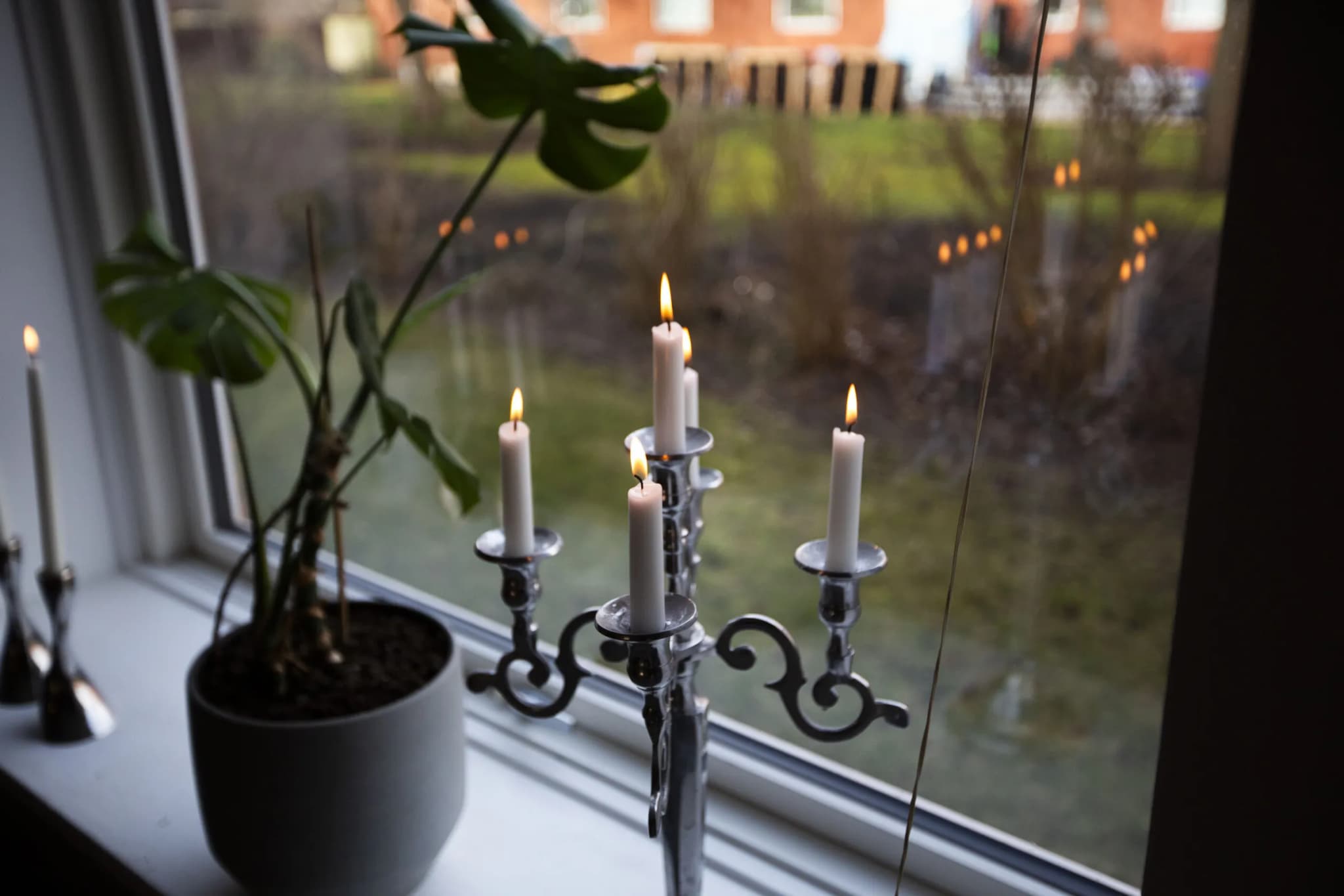 Candles and a potted plant on the windowsill in an apartment on Amager