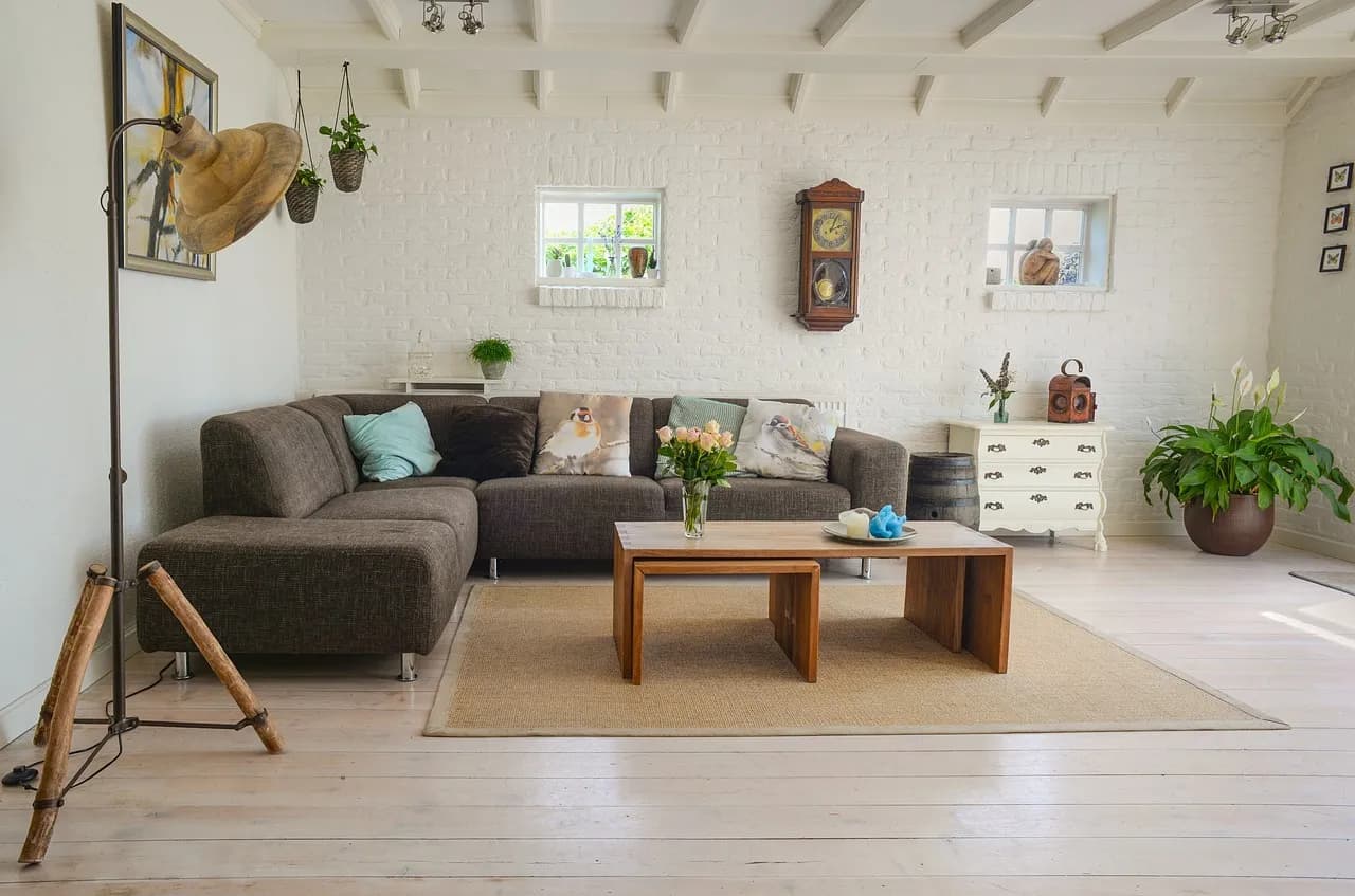 Bright living room with a sofa and a coffee table