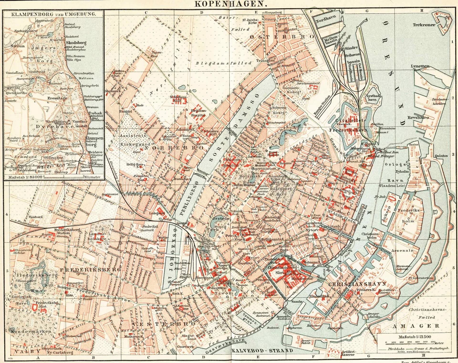 Old German map of Copenhagen showing Frederiksberg, Nørrebro and Indre By